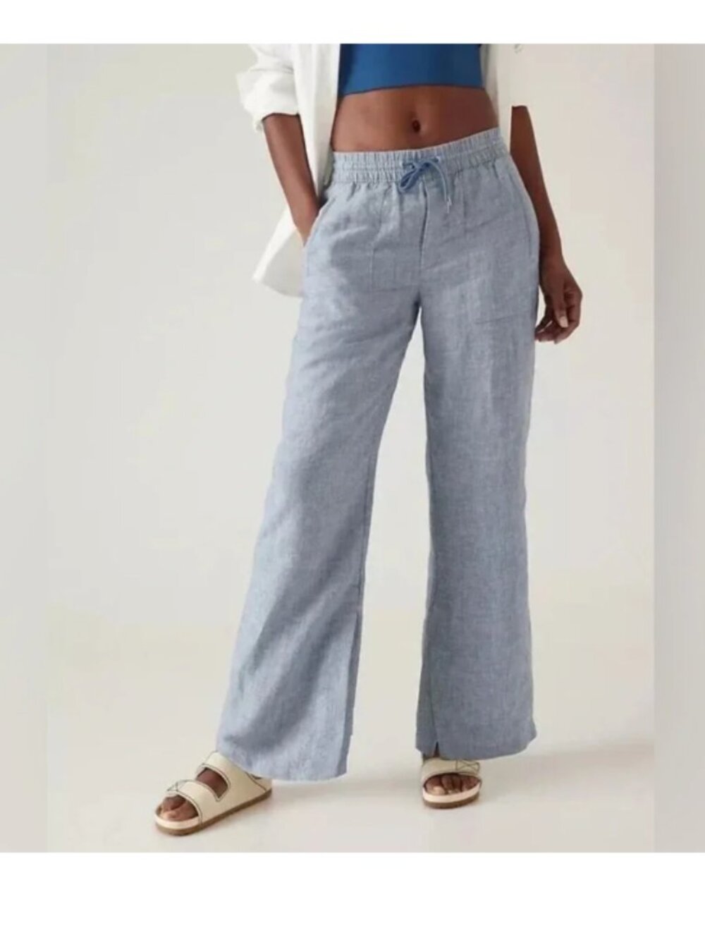 Athleta Retreat blue linen wide‎ leg drawstring pant size 12